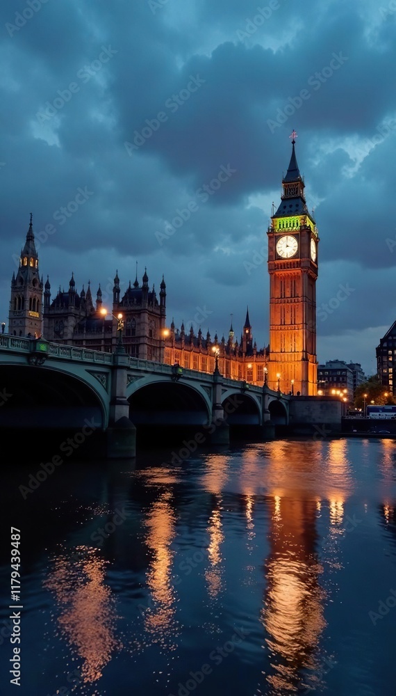 Reflections of Big Ben and Westminster Bridge on the River Thames at dusk, Westminster Bridge, city view, light Reflections of Big Ben and Westminster Bridge on the River Thames at dusk, Westminster Bridge, city view, light