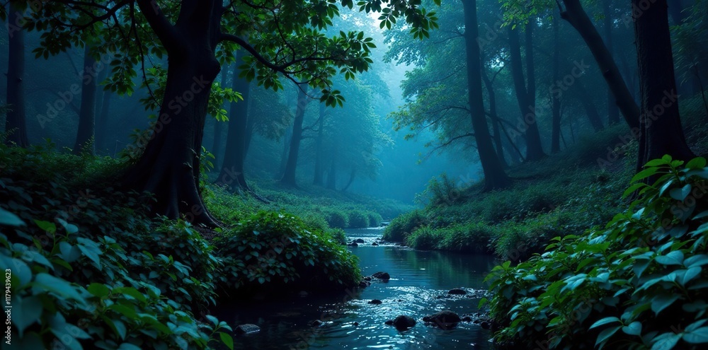 Fototapeta premium Overgrown undergrowth in the forest with a winding creek, nighttime, undergrowth