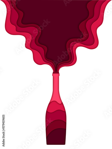 Paper cut red wine bottle with fluid waves. 3d vector layered papercut liquid flow of dark ruby colored splash of wine, emanating from the glass flask opening, create a dynamic and elegant effect