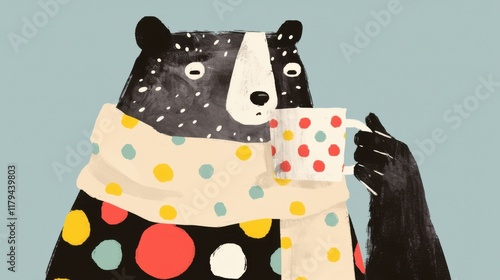 Charming and Colorful of a Pudgy Bear Character in a Doodle Style Drawing with Playful Polka Dot Patterning  This Whimsical and Adorable Digital Artwork Would Be Perfect for Children s Products photo