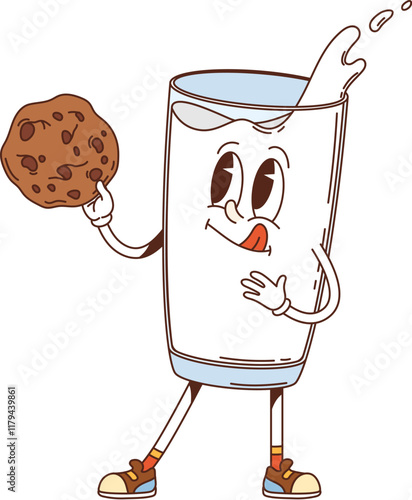 Groovy cartoon milk glass with cookie character. Natural whole milk beverage 60s 70s cartoon isolated vector character. Healthy nutrition milkshake drink cute mascot. Dairy product glass personage