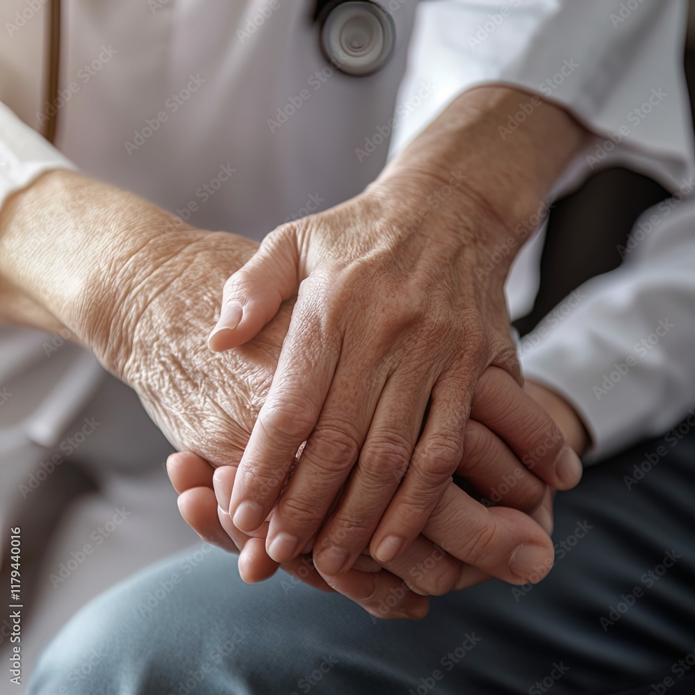Fototapeta premium Parkinson and alzheimer female senior elderly patient hand with physician doctor exam in hospice care room