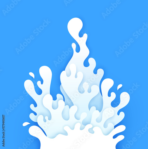 Paper cut milk splash with wave flow for dairy product package, vector background. Fresh milk splash of spill and pour with drops explosion in paper cut layers, milky flow on blue background