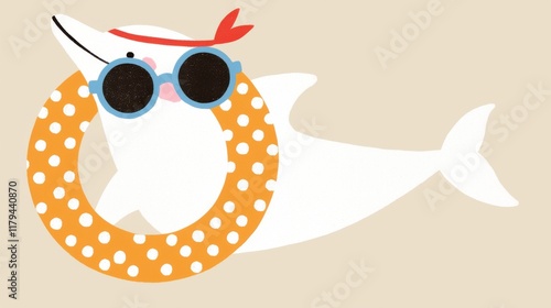 Cheerful and playful cartoon of a dolphin swimming in the ocean wearing sunglasses and a polka dot swim ring  The image depicts a fun summer vacation or beach theme with a doodle like photo