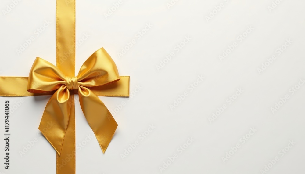 Elegant golden ribbon bow, pristine white backdrop, event, wrap Elegant golden ribbon bow, pristine white backdrop, event, wrap