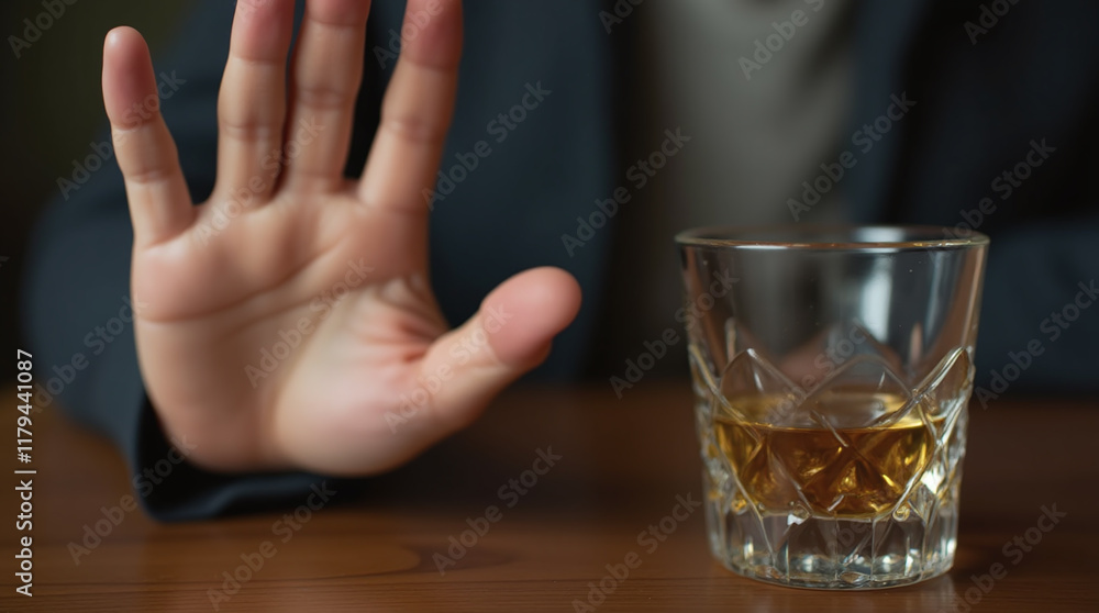 No To Alcohol and Drinking, Refusing Rejecting a Glass of Whiskey Drink, Sober Alcoholic, AA No To Alcohol and Drinking, Refusing Rejecting a Glass of Whiskey Drink, Sober Alcoholic, AA
