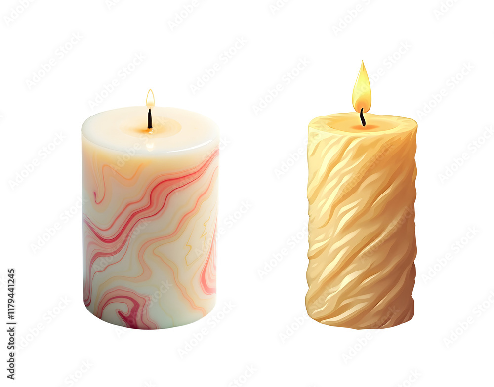 Two elegantly designed candles, one marbled, the other textured, burn brightly, creating a serene and calming ambiance., cut out,transparent background Two elegantly designed candles, one marbled, the other textured, burn brightly, creating a serene and calming ambiance., cut out,transparent background
