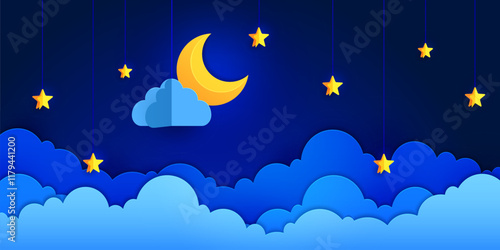 Paper cut crescent moon and stars on night sky with clouds, cartoon vector background. Dream or sleep and bedtime fairy tale background with paper cut clouds and stars hanging on strings in night sky