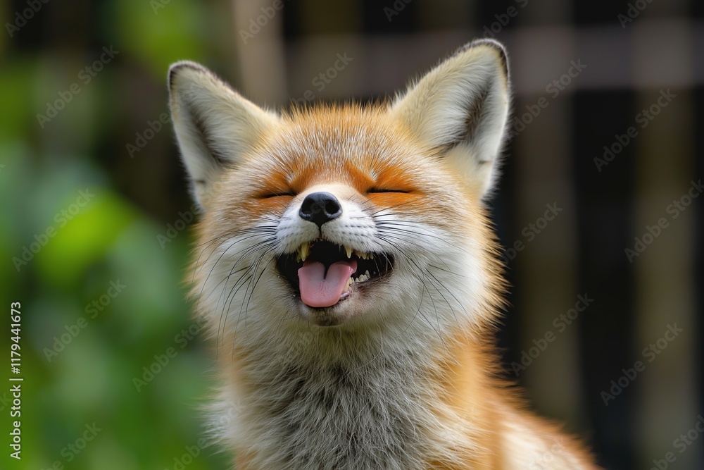 Naklejka premium A charming fox displays a broad smile, capturing a cheerful moment in its natural environment.