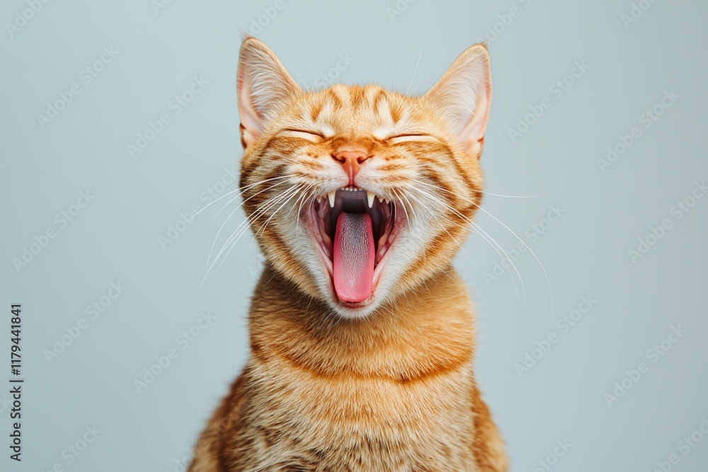 Obraz premium An adorable ginger cat yawns widely, showcasing its playful and relaxed demeanor.