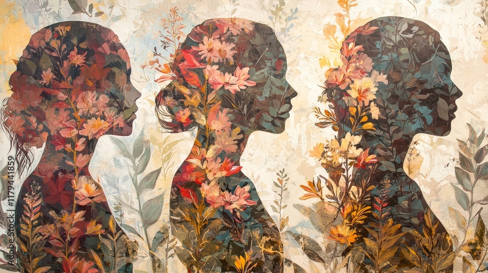 Fototapeta premium Harmonious Blend of Abstract Floral Patterns in Profile Silhouettes of Women