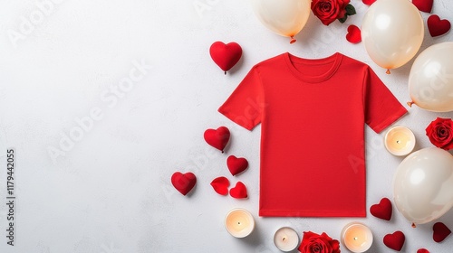 Flatlay T-shirt mock-up Valentine's Day Concept. Red t-shirt surrounded by roses, hearts, and balloons for celebration photo