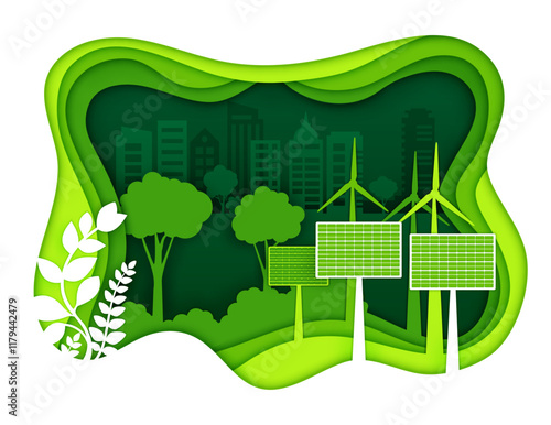 Paper cut eco city with ecological environment. 3d vector frame with sustainable cityscape with wind turbines, solar panel, buildings and trees. Green renewable energy, environmental urban development