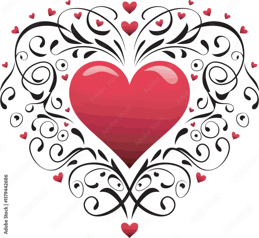 A bold red ornate heart surrounded by elegant black flourishes and smaller red hearts