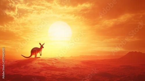 Colorful sunset casts a warm glow over a kangaroo standing on a desert hill, symbolizing the beauty of Australia at dusk