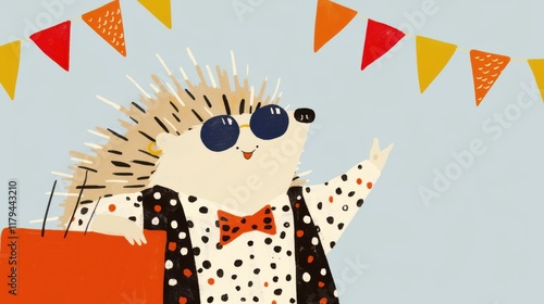 Illustrated cartoon character of a smiling porcupine wearing a polka dot and striped outfit with a bow tie creating a fun whimsical and charming design