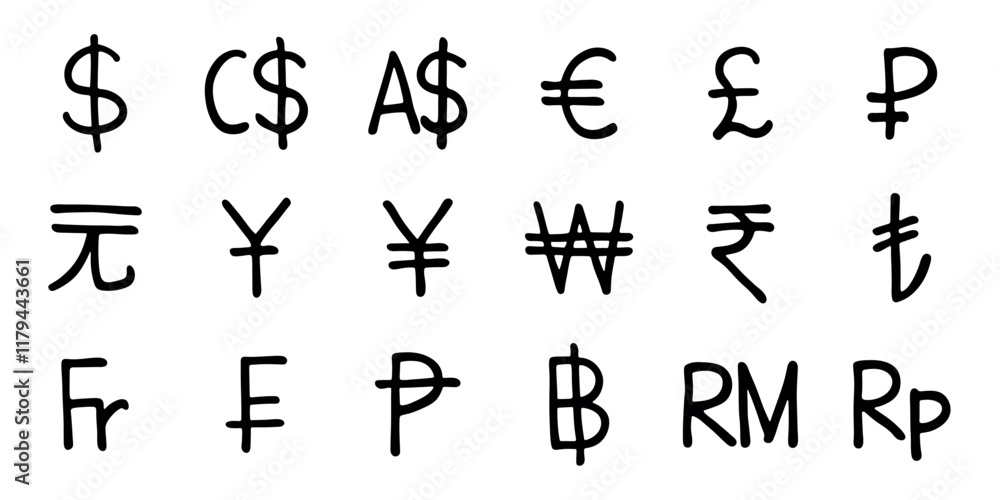 Hand drawn currency symbol set Dollar euro pound ruble yuan yen won rupee lira franc peseta baht ringgit rupiah Hand drawn currency symbol set Dollar euro pound ruble yuan yen won rupee lira franc peseta baht ringgit rupiah