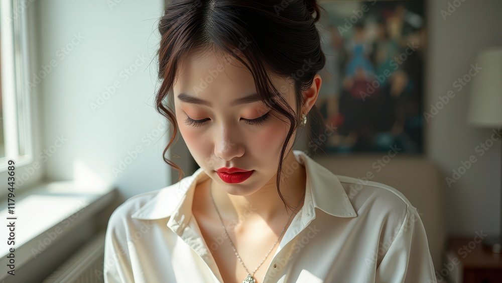 A vibrant, young Asian woman gazes downward, her bright red lipstick popping against smooth skin as dark hair frames her face in a chic bun, set against a crisp white shirt backdrop