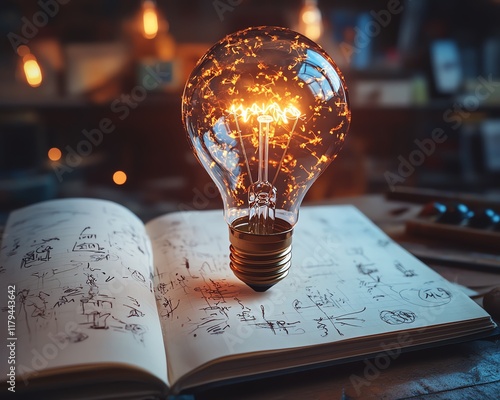 A glowing lightbulb hovering above a notebook full of sketches, representing the eureka moment of brainstorming and creative thinking