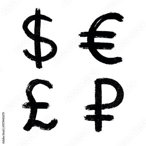 Hand drawn multiple currencies symbol set Dollar euro pound ruble