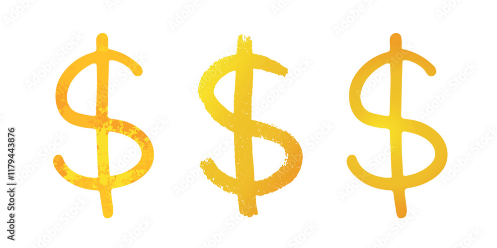 Obraz premium Hand drawn dollar Gold currency symbol set Brush stroke doodle Single element for design