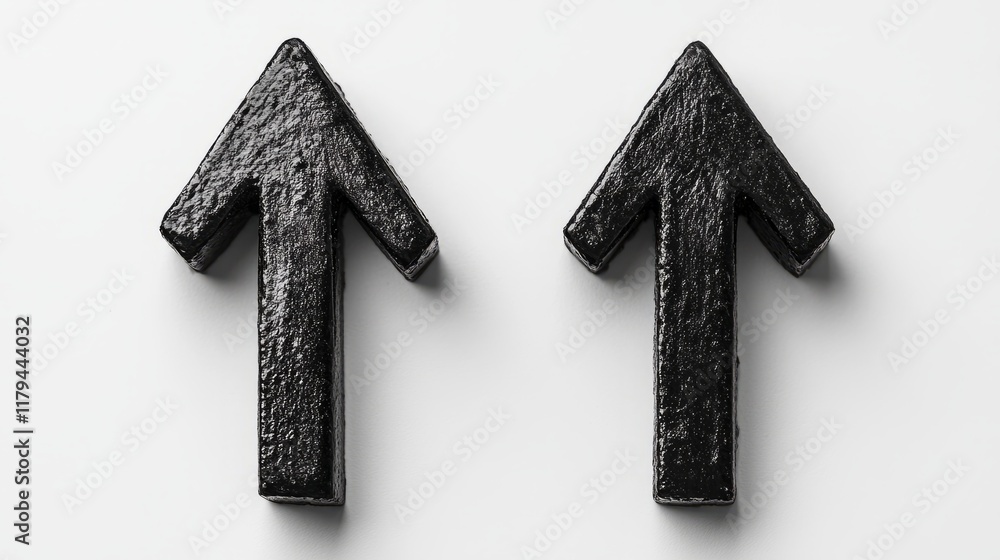 Fototapeta premium Two black straight arrows pointing upward and downward, side by side on white