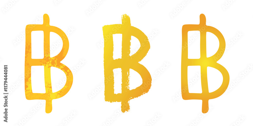 Obraz premium Hand drawn thai baht gold currency symbol set Brush stroke doodle Single element for design