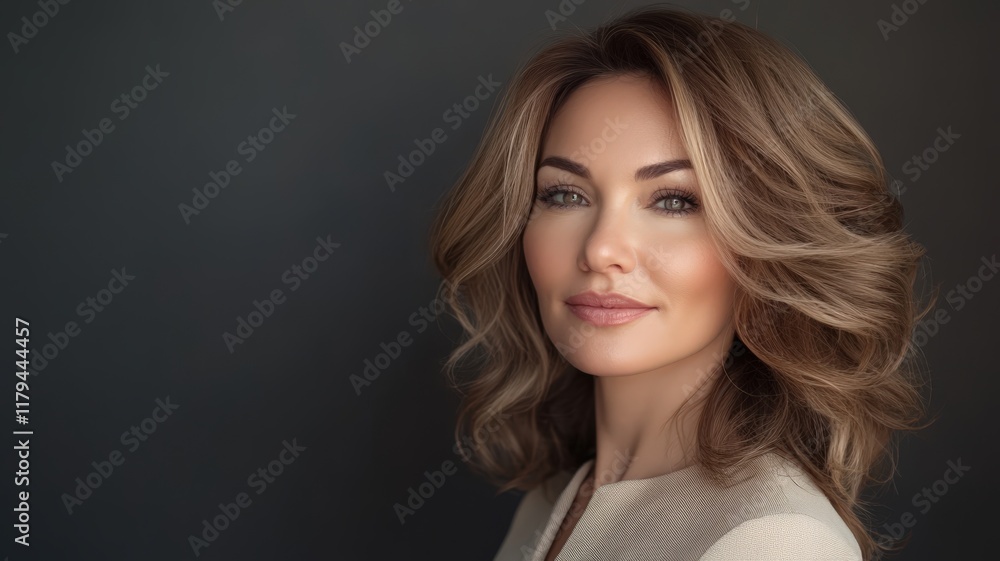 Woman with long brown hair and a white blouse is smiling for the camera Woman with long brown hair and a white blouse is smiling for the camera