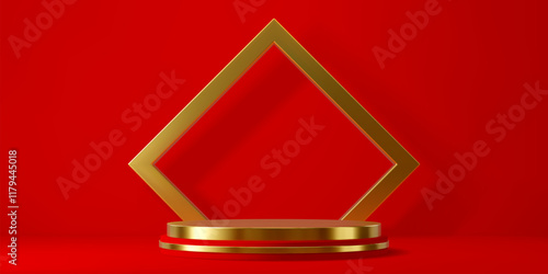 Golden podium stage in red room with gold geometric arch, vector product display. Golden podium or pedestal stage stairs with premium red background for luxury product showcase or showroom