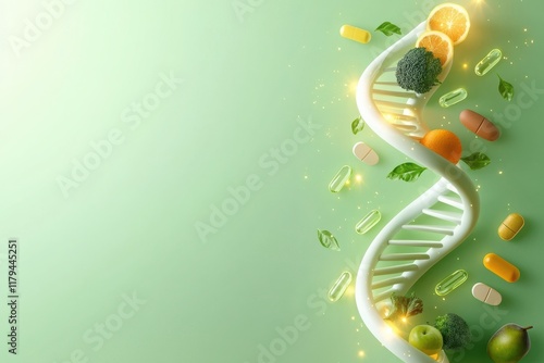 Healthy dna helix with fruits and vitamins bright green background graphic illustration wellness concept close-up view