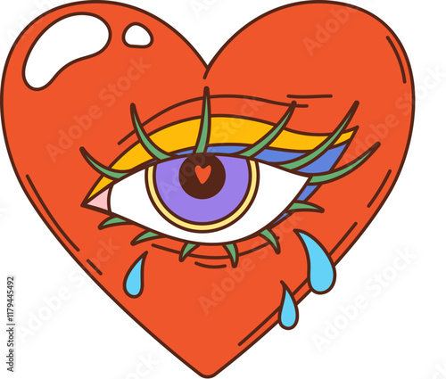 Retro hippie heart with eye groovy symbol. Romantic love cartoon isolated vector icon. Heart with woman crying with tears eye groovy symbol. Saint Valentine day romance vintage icon