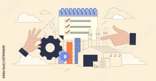Manufacturing index visualized with gears, checklist, and hands pointing. Neubrutalism hands concept