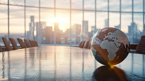 Globe on Conference Table Overlooking City Skyline at Dusk