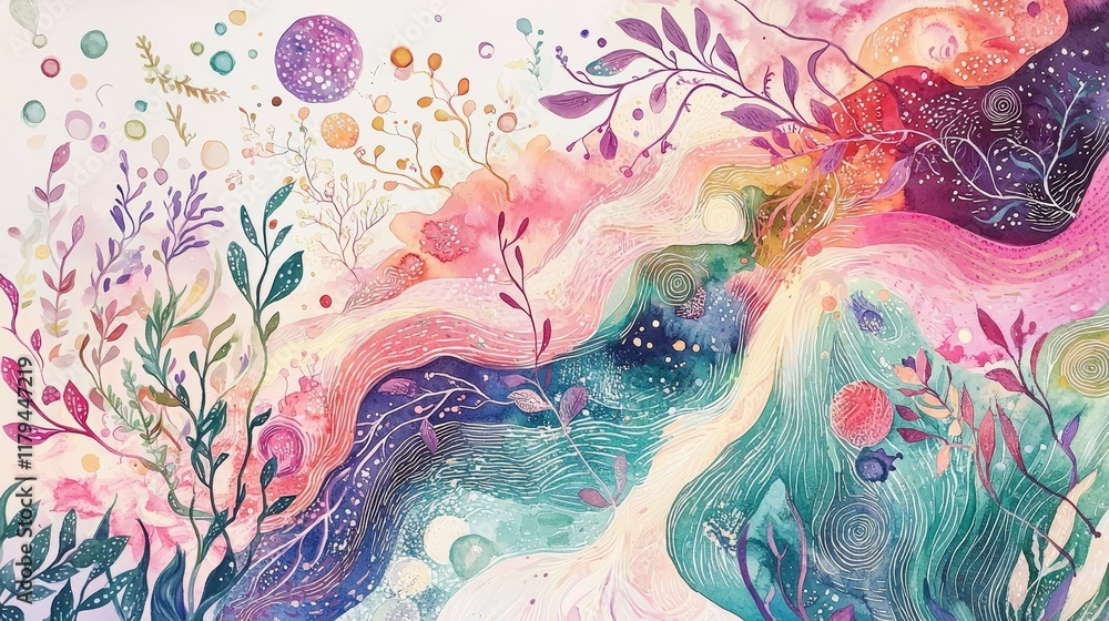 Fototapeta premium Abstract Watercolor Illustration of Colorful Swirls and Nature Elements