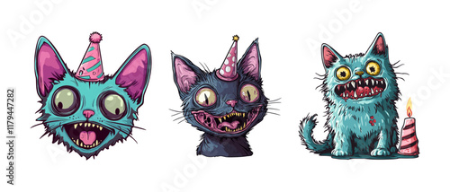 A creepy zombie birthday cat character dead animals halloween vector illustration