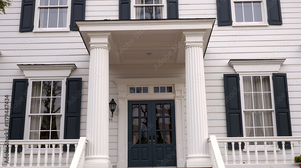 White Clapboard House with Portico and Dark Shutters White Clapboard House with Portico and Dark Shutters