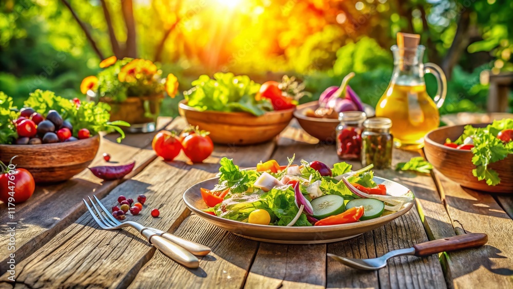 Delicious Food Photography: Rustic Wooden Table with Vibrant Summer Salad and Fresh Herbs Delicious Food Photography: Rustic Wooden Table with Vibrant Summer Salad and Fresh Herbs