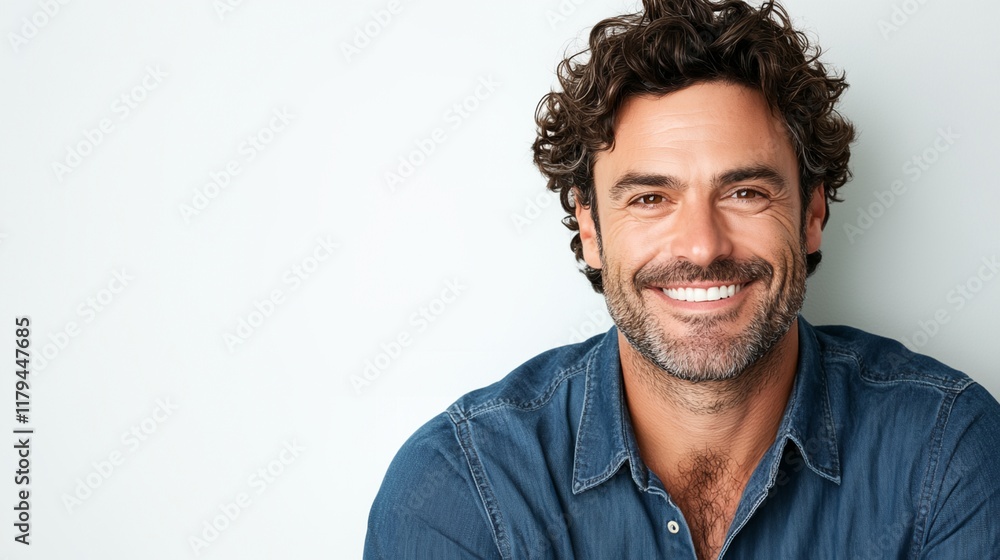 Fototapeta premium a man with curly hair smiling for a picture in a blue shirt
