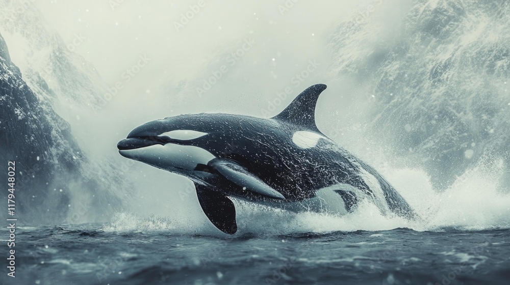 Obraz premium Majestic Orca Leaping in Arctic Waters Amid Snow-Covered Peaks. Generative AI