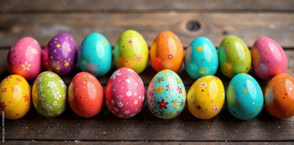 Set of colorful Easter eggs arranged on a wooden surface, color, wood Set of colorful Easter eggs arranged on a wooden surface, color, wood