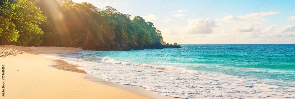 Obraz premium a beach with a sandy shore and a cliff in the background