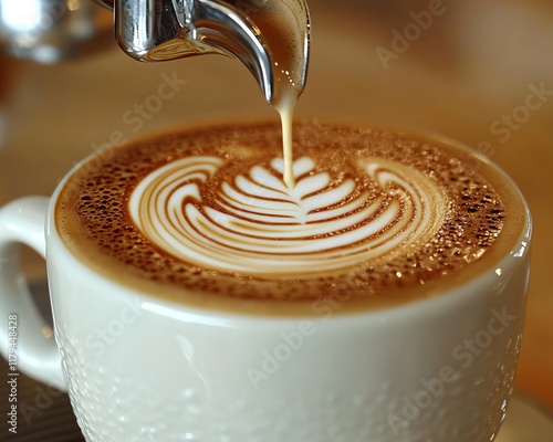 A professional closeup of cappuccino pouring from a coffee machine, capturing the swirling motion of milk and espresso blending together photo