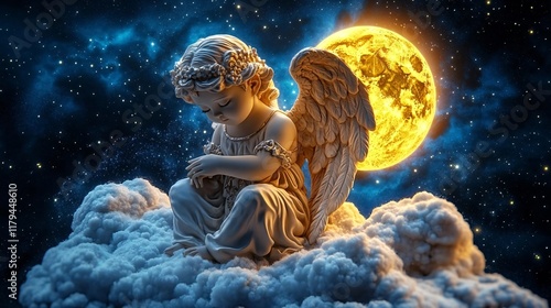 A serene angel figurine with intricate wings and a floral crown, sitting on a bed of clouds under a glowing full moon, set against a starry night sky