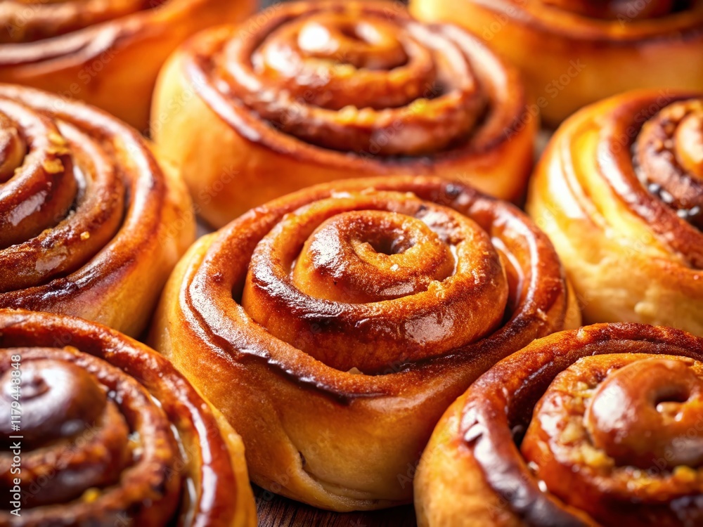 Fototapeta premium Delicious Golden Brown Cinnamon Rolls, Close-up Bakery Pastry