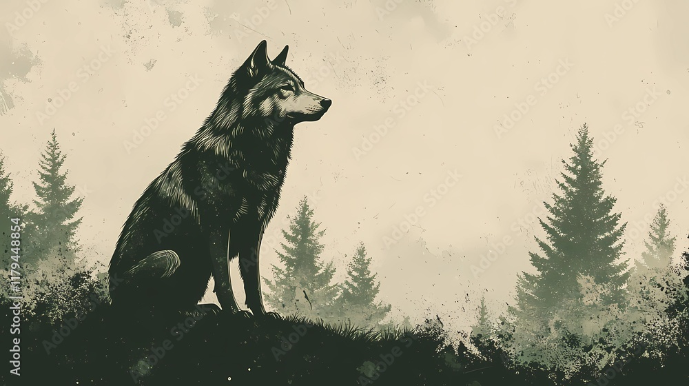 Lone wolf in the wilderness, amidst tall trees and quiet surroundings, creating a tranquil nature-inspired background, style book illustration Lone wolf in the wilderness, amidst tall trees and quiet surroundings, creating a tranquil nature-inspired background, style book illustration