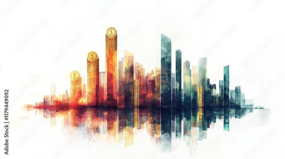 Obraz premium A rising bar graph with a coin placed on each bar, growth and investment theme, high-detail digital painting, isolated on white background