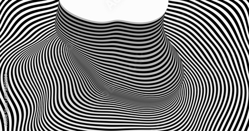A dynamic black-and-white striped pattern creating a hypnotic optical illusion with wavy, flowing lines. The abstract design adds depth and movement, perfect for modern art, design, or creative