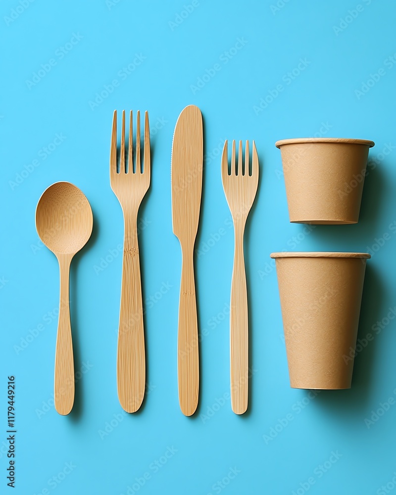 A set of ecofriendly wooden utensils spoons, forks, and knives paired with paper bowls and cups, placed on a clean blue background A set of ecofriendly wooden utensils spoons, forks, and knives paired with paper bowls and cups, placed on a clean blue background