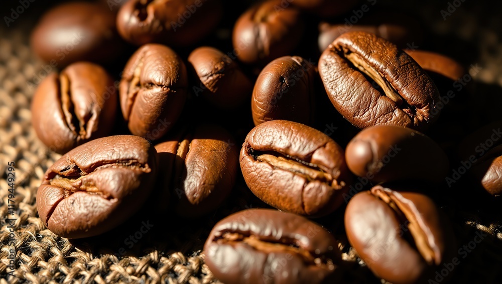 Roasted Coffee Beans Resting On Burlap Roasted Coffee Beans Resting On Burlap