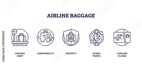 Airline baggage icons outline key concepts like luggage limit, security, and global travel. Outline icons set